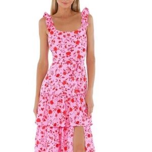 Likely Pink and Red Asymmetrical Ruffled Sundress